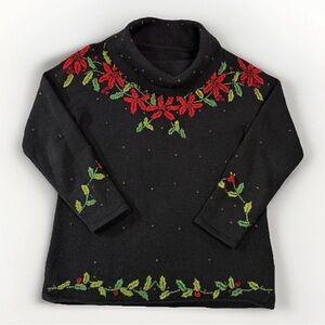 Ugly Christmas Sweater Designer Originals Black Embroidered & Beaded Poinsettias